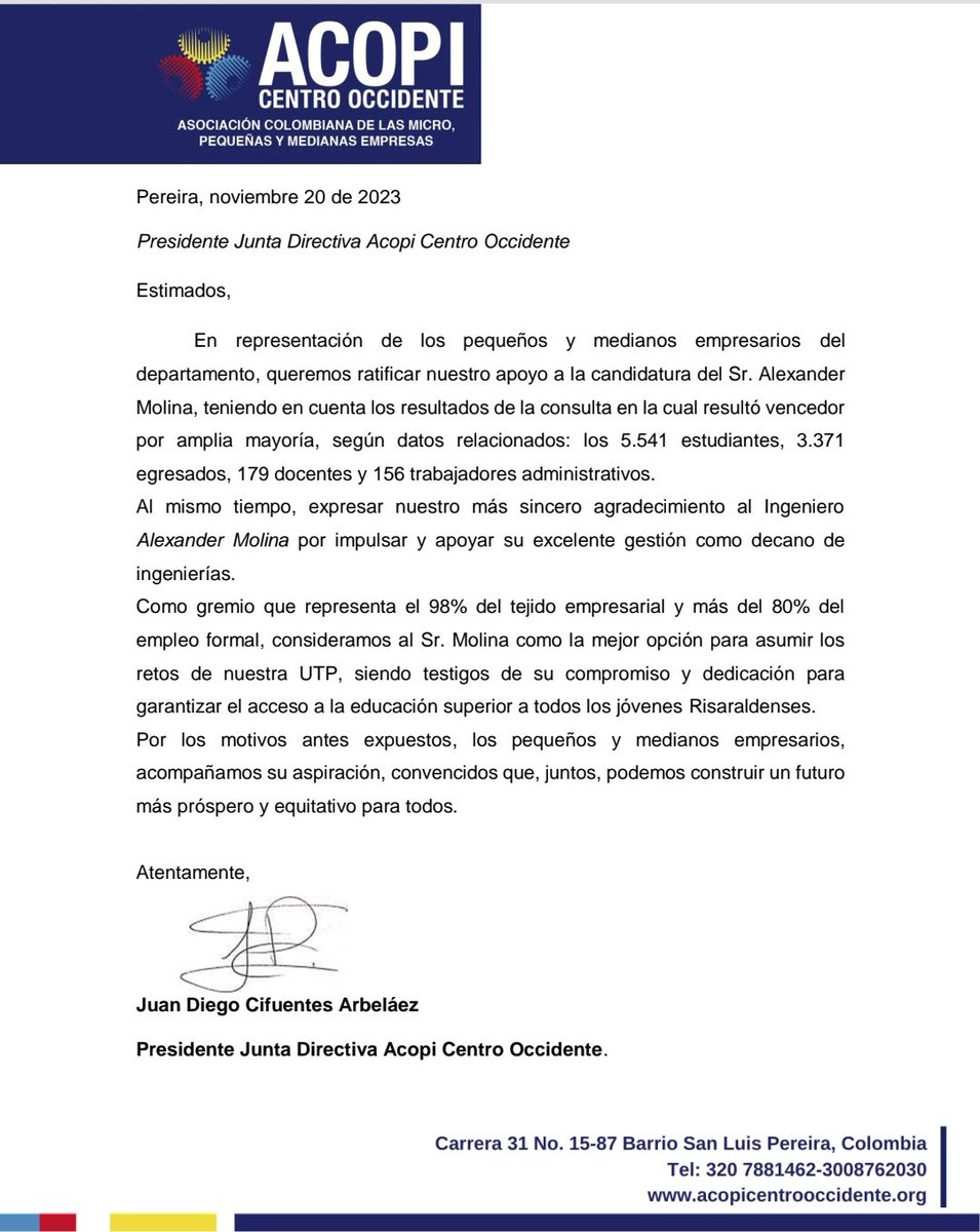 vic_ramirezp's tweet photo. Uno ver al gremio que representa más de la mitad de la empresas del país y la región apoyando a #MiRectorEsMolina debe ser un mensaje de que se está haciendo bien la tarea. El @CIRisaralda debe escuchar a la mayoría de sus asociados. https://t.co/eNBR1RV8yW