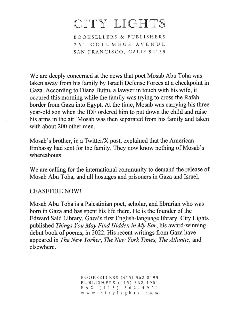 Poet @MosabAbuToha was taken away from his family by the Israeli Defense Forces at a checkpoint in Gaza. Please join us in calling for the international community to demand the release of Mosab, and all hostages and prisoners in Gaza and Israel.