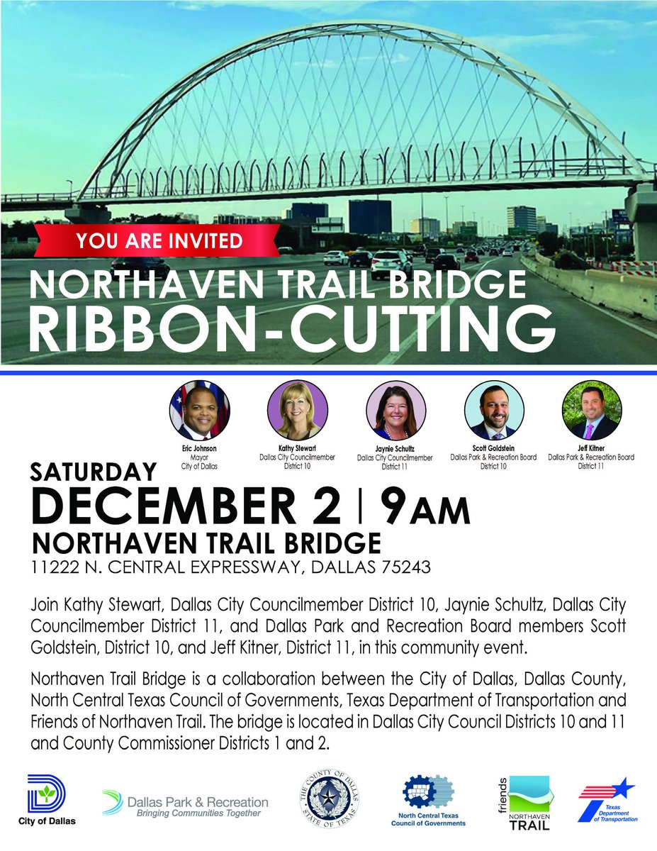 Jayniefordallas's tweet photo. We are excited to announce that the Northaven Trail Bridge is complete.🤩 Join us for the Ribbon-Cutting on Saturday, December 2 at 9 am. Please feel free to share the information with other residents. https://t.co/sbSN2QXvX7