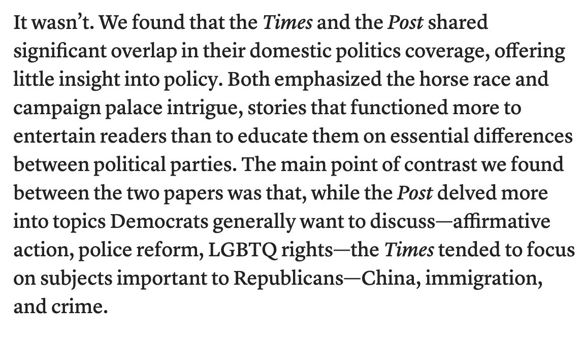 These researchers studied 2022 campaign coverage that made the front pages of the New York Times and Washington Post. cjr.org/analysis/elect… They wanted to know if it was different from 2016, which was mostly horse race and her emails. Here's their answer: (via <a href="/froomkin/">Dan Froomkin (PressWatchers.org)</a>)