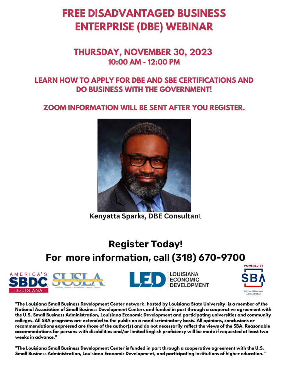 Learn how to apply for these certifications to support your small business.
Register here: www2.lsbdc.org/workshop.aspx?…
#SUSLA #LSBDC #SBA