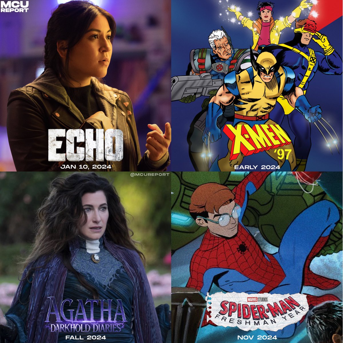 Marvel TV shows currently set to release in 2024 📺 

• #Echo — Jan 10, 2024
• #XMen97 — Early 2024
• #AgathaDarkholdDiaries — Fall 2024
• #SpiderManFreshmanYear — Nov 2024