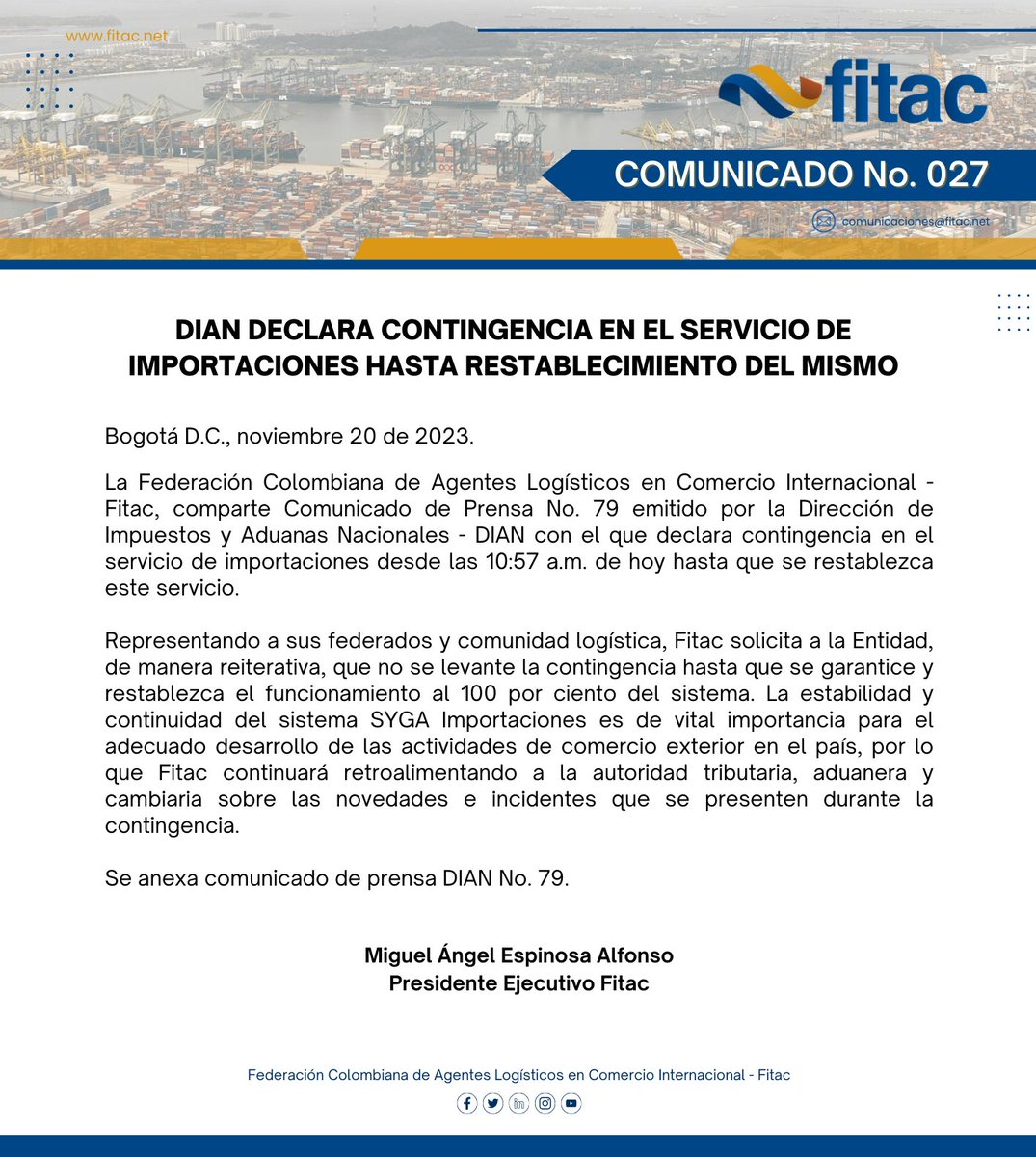 FITACNAL's tweet photo. #ComunicadoFitac No.27 | Fitac solicita a @DIANColombia, de manera reiterativa, que no se levante la contingencia hasta que se garantice y restablezca el funcionamiento al 100 por ciento del sistema.

Comunicado DIAN 👉🏼 https://t.co/UgadF4tKMK https://t.co/wifH1pUYJL