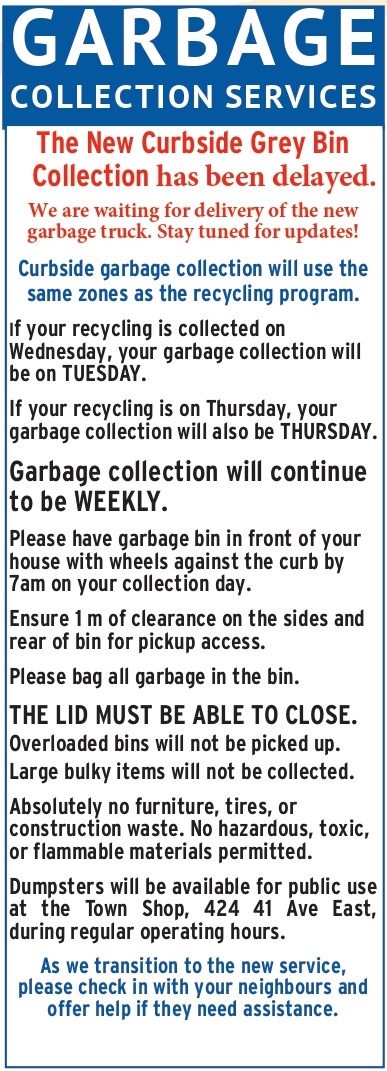 New curbside grey bin garbage program has been delayed. Read about the new service &amp; familiarize yourself with the details. Watch for updates about when the program will start! #Claresholm <a href="/local_press/">ClaresholmLocalPress</a>