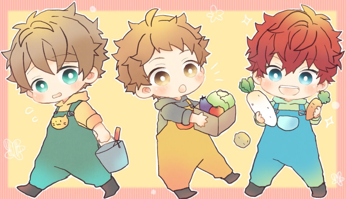 male focus multiple boys 3boys blue eyes brown hair chibi bucket  illustration images