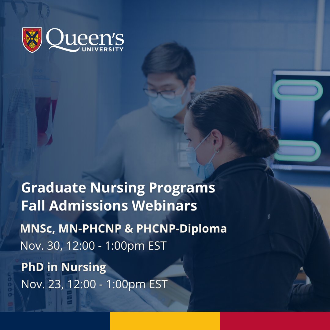 Advance your nursing career by exploring the possibilities of a graduate nursing degree. Join #QueensuNursing for our fall admission webinars. Learn about our diverse range of programs and have all your questions answered. Nov. 23 & 30🗓️ Reserve your seat: nursing.queensu.ca/gradnursingweb…