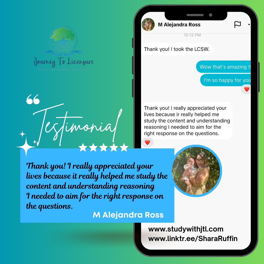 SharaRuffin's tweet image. 🎓 Huge congrats to Ms. Ross on passing her LCSW exam! 🌟 Her success story, fueled by our TikTok Live Prep Sessions, is a beacon of inspiration. #LCSWSuccess #TikTokEducation 📚🎉#socialworkertwitter