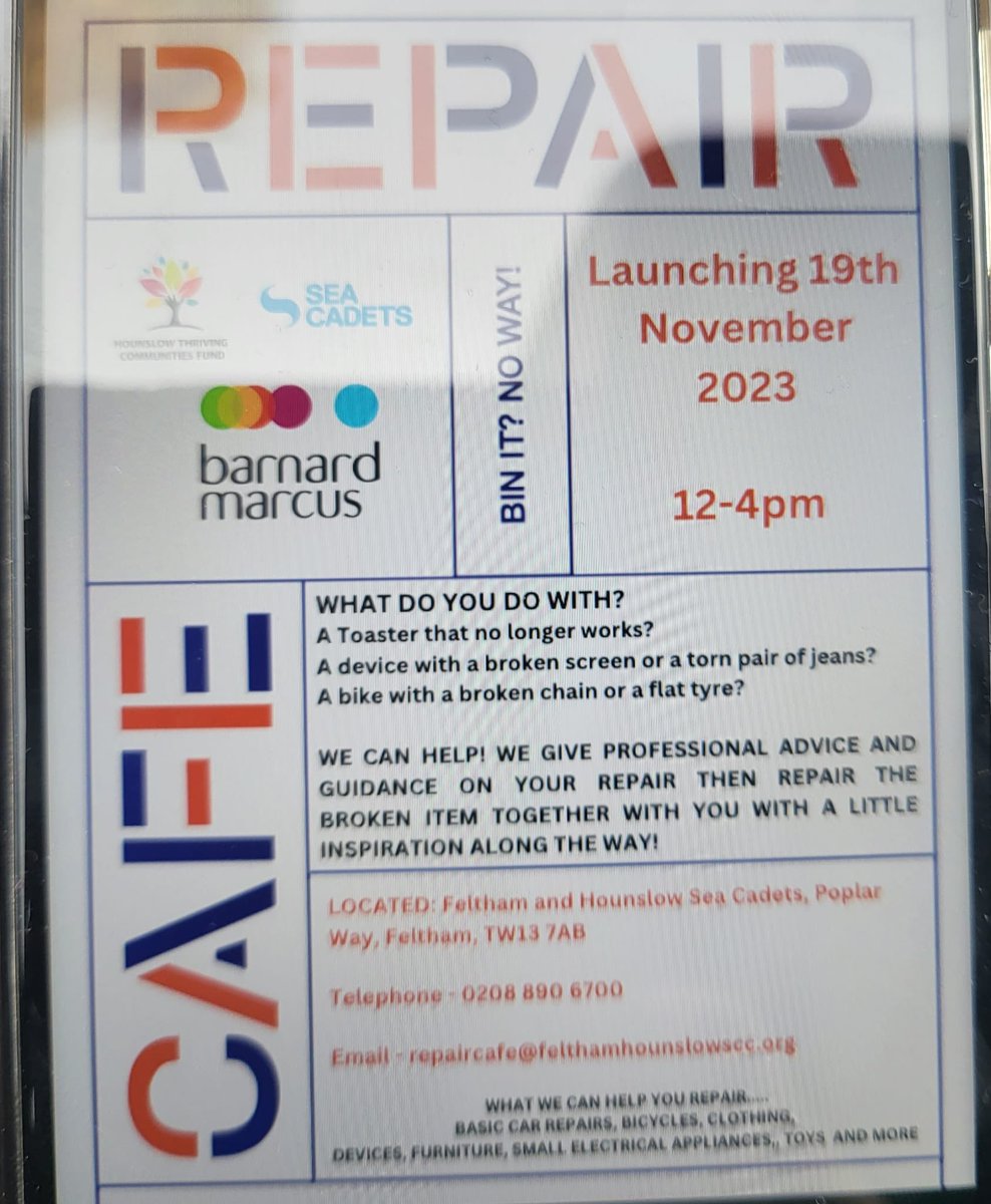 Free repair cafe launched on 19 Nov 23 in Hanworth Park Ward. Thanks to Secretary and chairwoman of Feltham and Hounslow Sea Cadet for delivering the service for the local community.@SeemaMalhotra1 @Shansview
