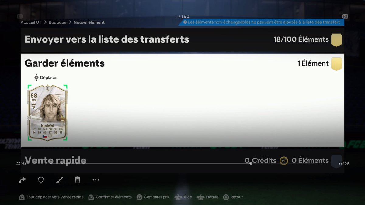 FootKaio's tweet photo. Côté récompense 💰, pas de truc fou mais des grosses notes et un De Jong que je voulais tester tant je le trouve fort à chaque fois que je le joue.
Un petit Thauvin dans le dernier pack du pass et Nedved 🥰dans le sbc icône, pas le meilleur mais un joueur romantique ⚽⚽ #EAFC24 https://t.co/GKdKG3Mg7g