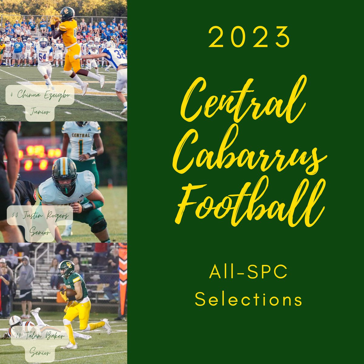 Congratulations to <a href="/JustinBRogers/">Justin Rogers</a> <a href="/ChinuaEzeigbo/">Chinua Ezeigbo</a> and <a href="/OfficialTDbaker/">Talan Baker</a>  for being selected as members of the 2023 All-SPC team. <a href="/cc_vikings/">Central Cabarrus Vikings</a> <a href="/boosters_cchs/">CCHS Boosters</a>