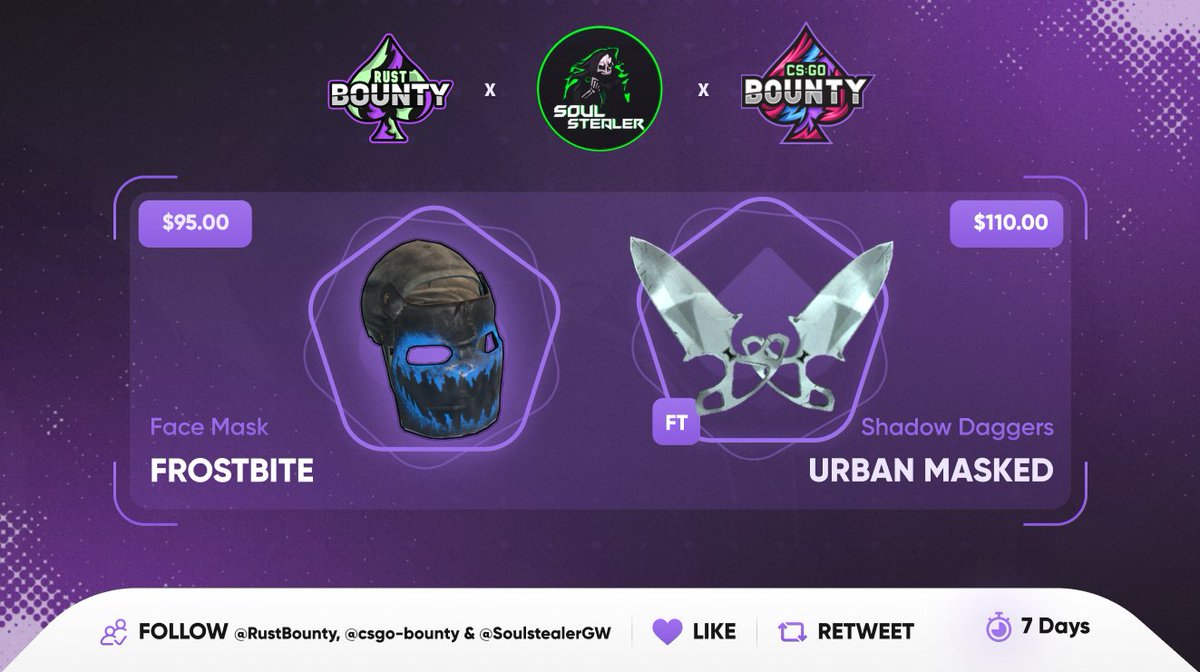 Soulstealer Giveaways (@soulstealergw) on Twitter photo 💰110$ Shadow Daggers | Urban Masked FT
💰95$ Face Mask | Frostbite
✅Follow <a href="/csgo_bounty/">CSGOBounty</a>
✅Follow <a href="/RustBounty/">Sten</a>
✅Follow <a href="/SoulstealerGW/">Soulstealer Giveaways</a>
👬Tag 2 Friends
🔃Retweet + Like
Ends in 7days, GL! 💰110$ Shadow Daggers | Urban Masked FT
💰95$ Face Mask | Frostbite
✅Follow <a href="/csgo_bounty/">CSGOBounty</a>
✅Follow <a href="/RustBounty/">Sten</a>
✅Follow <a href="/SoulstealerGW/">Soulstealer Giveaways</a>
👬Tag 2 Friends
🔃Retweet + Like
Ends in 7days, GL!
