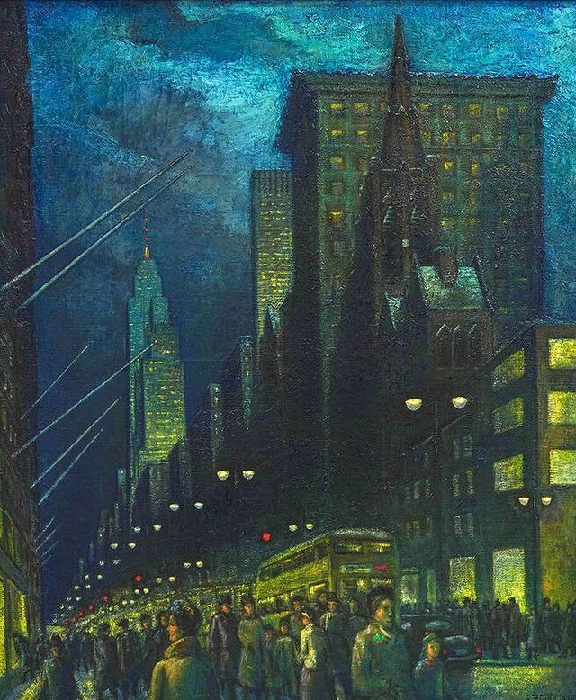 MenschOhneMusil's tweet photo. Ernest Fiene, Winter Evening- Fifth Avenue, 1952. https://t.co/QDt8wV3BSI