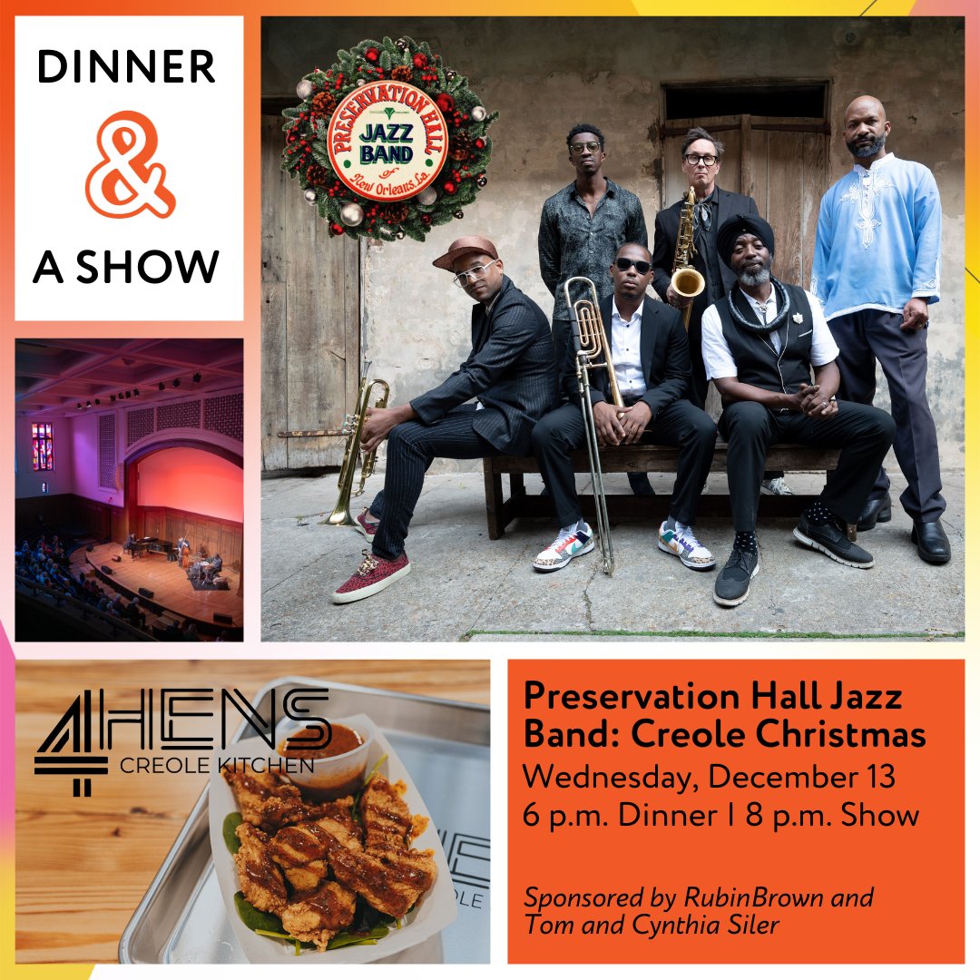 Make it a date night! Join us Wednesday, December 13 for dinner and a show with 4 Hens Creole Kitchen and Preservation Hall Jazz Band: Creole Christmas! Visit pulse.ly/2lxx2crlaw to reserve your seats now!