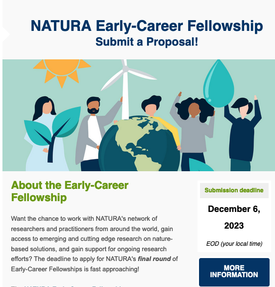 Apply for a <a href="/natura_project/">NATURA</a>  Early-Career paid 6 or 15 week Fellowship to conduct research on nature-based solutions. Submit a Proposal by December 6, 2023! natura-net.org/fellowships 👇