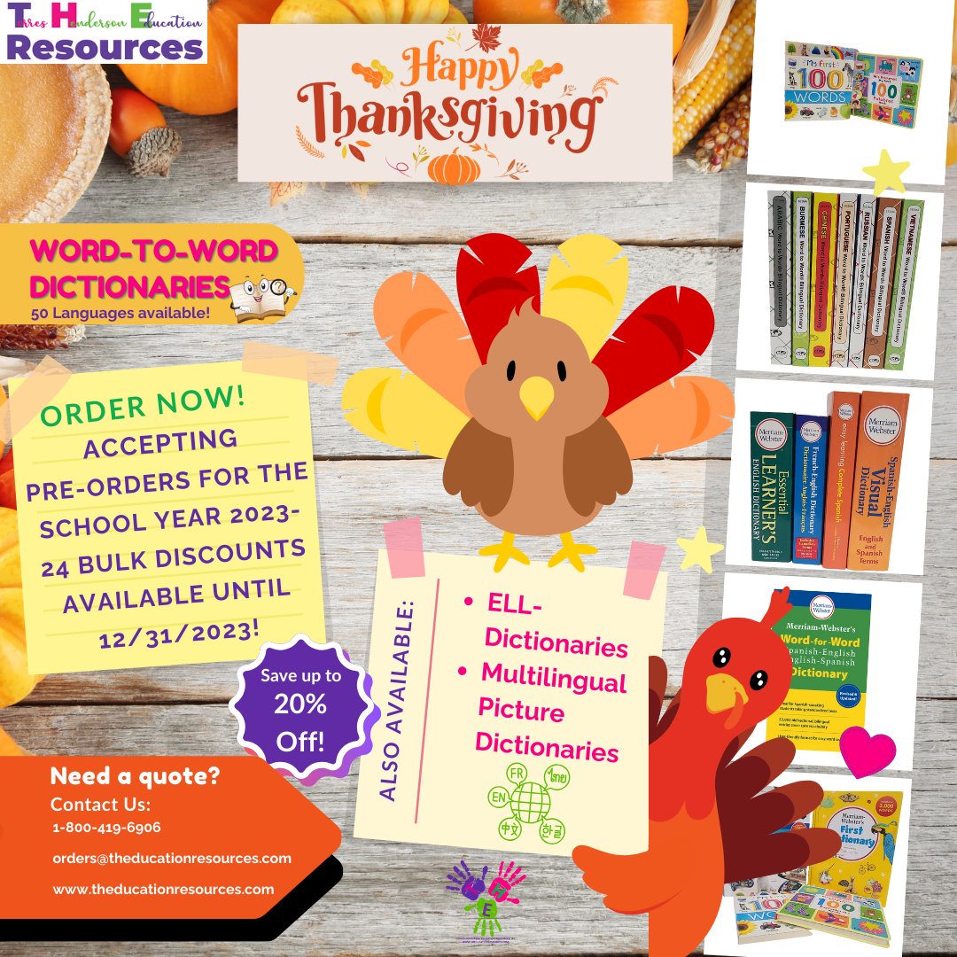 THEResourcesLLC's tweet photo. We wish you a Happy Thanksgiving! Here is a special gift for you! https://t.co/JKPag1yQH8

#happythanksgiving, #torreshenderson, #theresources, #bilingualeducation, #dictionaries, #duallanguage https://t.co/Q5TwAX0Uk4