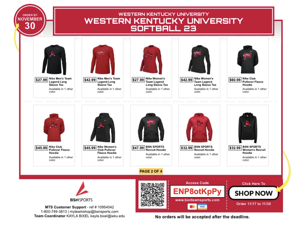 WKUSoftball's tweet photo. We've got some 𝒯𝑜𝓅𝓈 gear for sale😍

Be sure to check out our BSN shop, order until Nov. 30‼️

🔗: https://t.co/TrdBDnUcza https://t.co/KfHN1fIPCQ