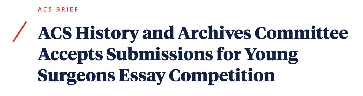 Young surgeons are invited to submit an essay on a historical topic of their choosing. Up to three winners will be invited to publish his/her paper in Annals of Surgery Open, with publication costs covered. Deadline: January 8, 2024. facs.org/for-medical-pr…