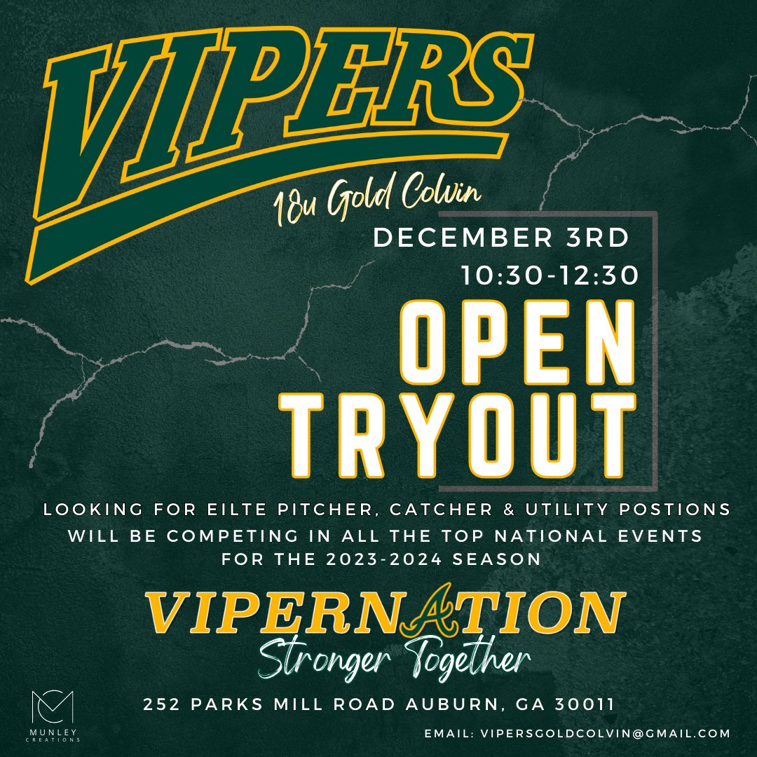 Roster Openings! As we head into off season we are looking to add 3 players to finalize our roster for the 2024 season! Please email for additional details as we may be indoors weather pending! Come be apart of something great! 🐍💣  <a href="/thevipernation/">Atlanta Vipers Fastpitch</a> <a href="/spatte1108/">Selena Collins-Patterson (Coach C)</a>