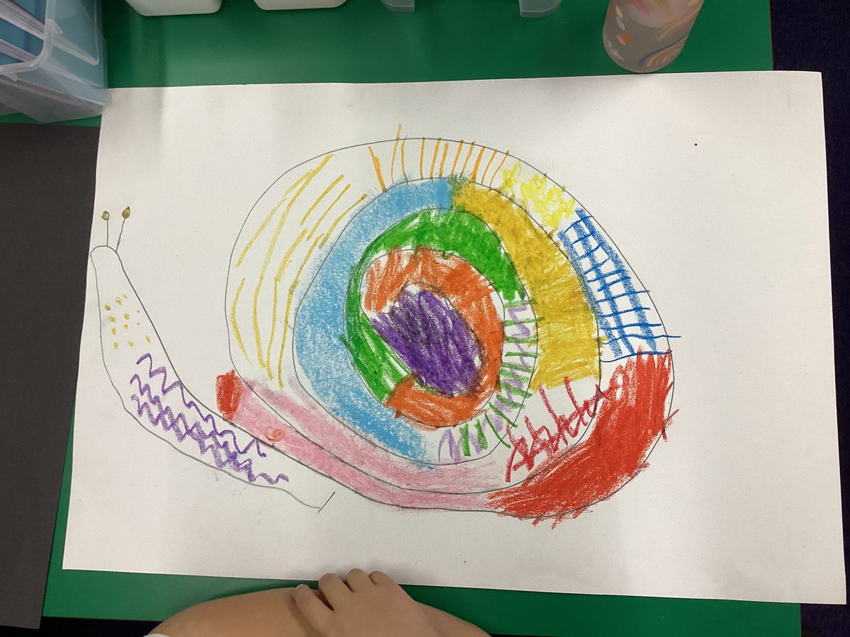 Y1 <a href="/RedesdalePrim/">Redesdale Primary</a> are loving the <a href="/accessart/">Paula Briggs @AccessArt</a> Spirals unit.  They experimented with different lines and contrasting colours before completing their spiral snail.  #RedesdaleArt