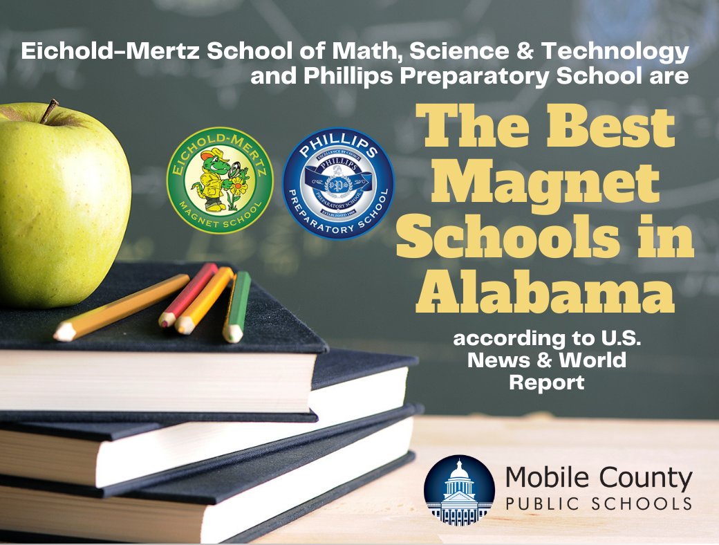 MobilePublicSch's tweet photo. Two MCPSS schools, @EicholdMertzMST and @PhillipsPrepIB, are the top magnet elementary and middle school in Alabama, according to the latest U.S. News &amp; World Report rankings, and are among the top 10 elementary and middle schools in the state overall. #AimForExcellence https://t.co/Ihr3tEPQKq