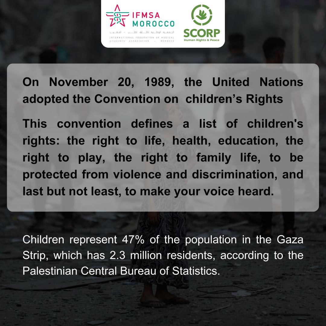 IFMSAMorocco's tweet photo. On this International Children's Day, the Palestinian children are facing heartbreaking realities. Every child deserves access to their fundamental rights, and it's crucial to question why some are excluded from this reality.
#internationalchildrensday #childrensrights https://t.co/l0qWdQ9WLY