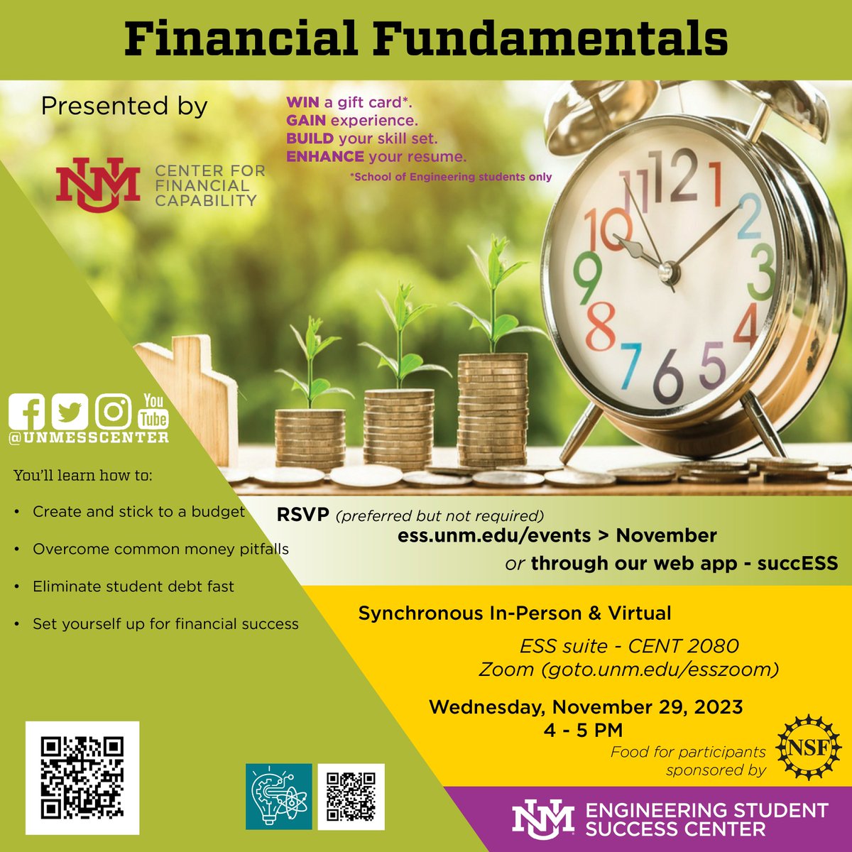 UNMESSCenter's tweet photo. Join us next week for our Financial Fundamentals workshop! 

Where: ESS Suite - CENT 2080 or  via zoom. 
When: Wednesday, November 29. 
Time: 4 - 5 PM. https://t.co/VMpmwvtDOV