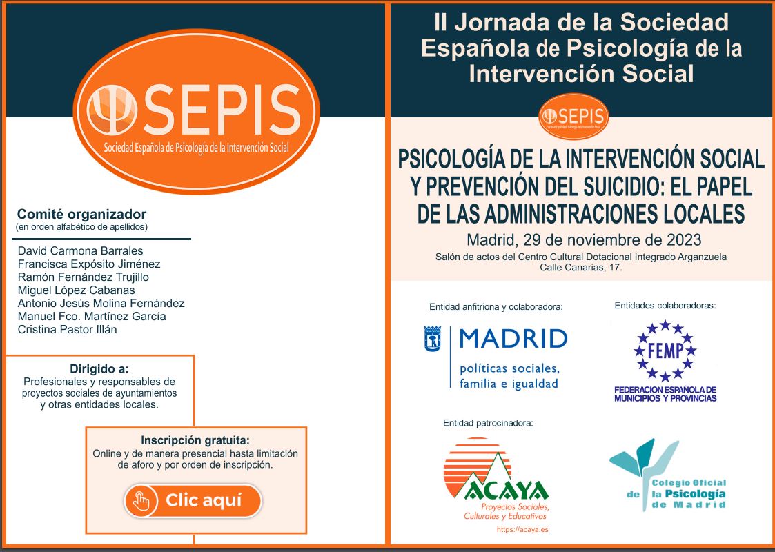 Psicologia_UMH's tweet photo. La Sociedad Española de Psicología de la Intervención Social (SEPIS),  celebra la II Jornada "Psicología de la Intervención Social y Prevención del Suicidio: El papel de las Administraciones Locales". Se puede asistir presencial u online. ¡La inscripción es gratuita! https://t.co/4A0T5qrT81
