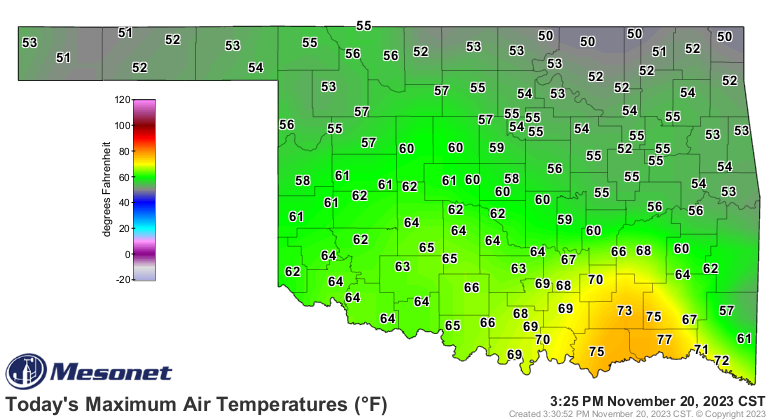 okmesonet's tweet photo. This is probably the last 70+ temp we will see in the state this week and maybe for a while. Long range forecasts indicate cooler than normal temperatures for the next two weeks. #okmesonet https://t.co/Lc88qOvchr