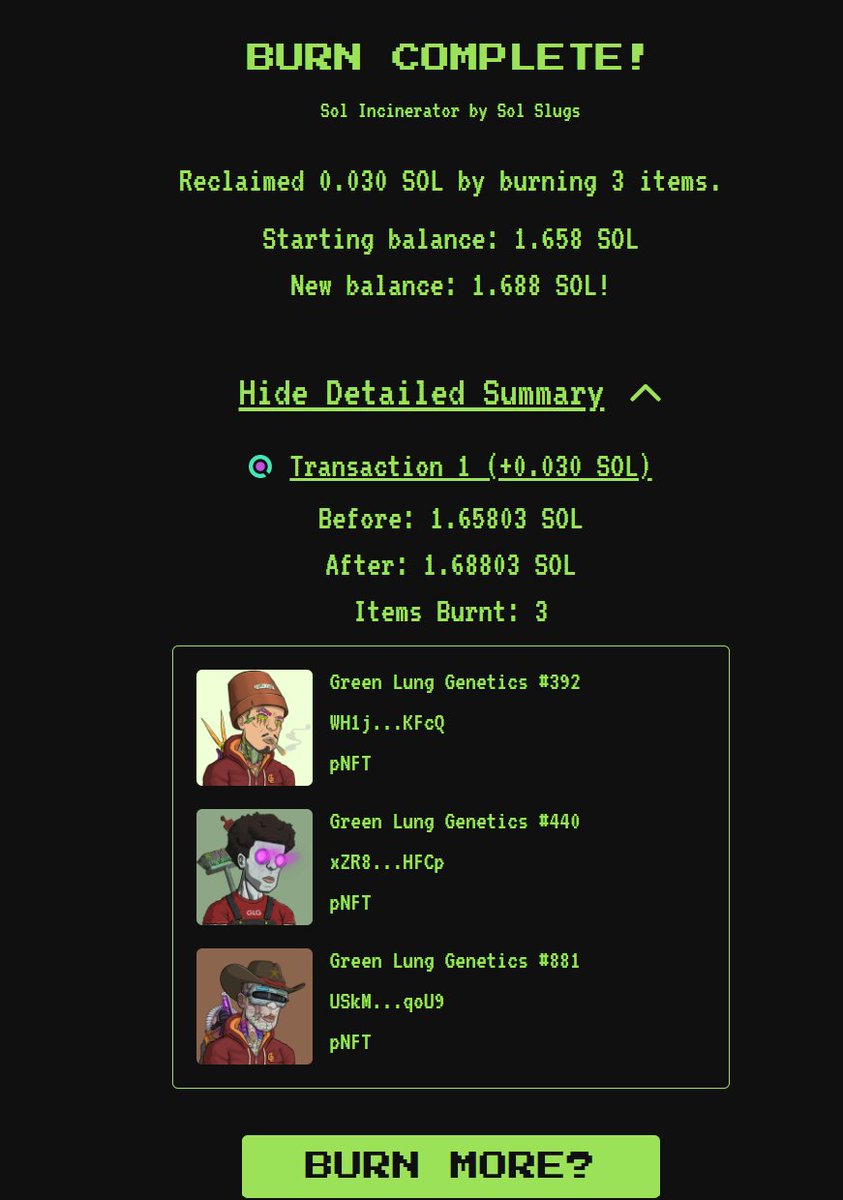 🔥SWEEP AND BURN🔥

We have conducted the first sweep and burn event from our royalty income. 

50% of all income from royalties is set aside to buy NFTs off the floor and be burnt.

We spent 5.05 Sol today and sent them straight to the incinerator!

2837 Total Supply