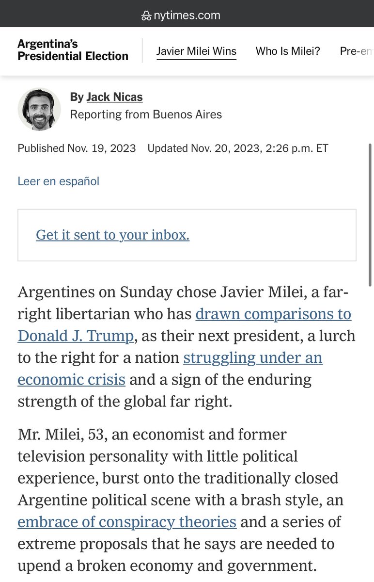 Issac_GY's tweet photo. More extraordinary MSM framing of Javier Milei’s victory. 

More amazing given he’s a break from the literal far right Peronists who provided safe haven for nazis and have dominated Argentine politics for 80 years (and completely decimated the economy). https://t.co/8jiWQHNXTu