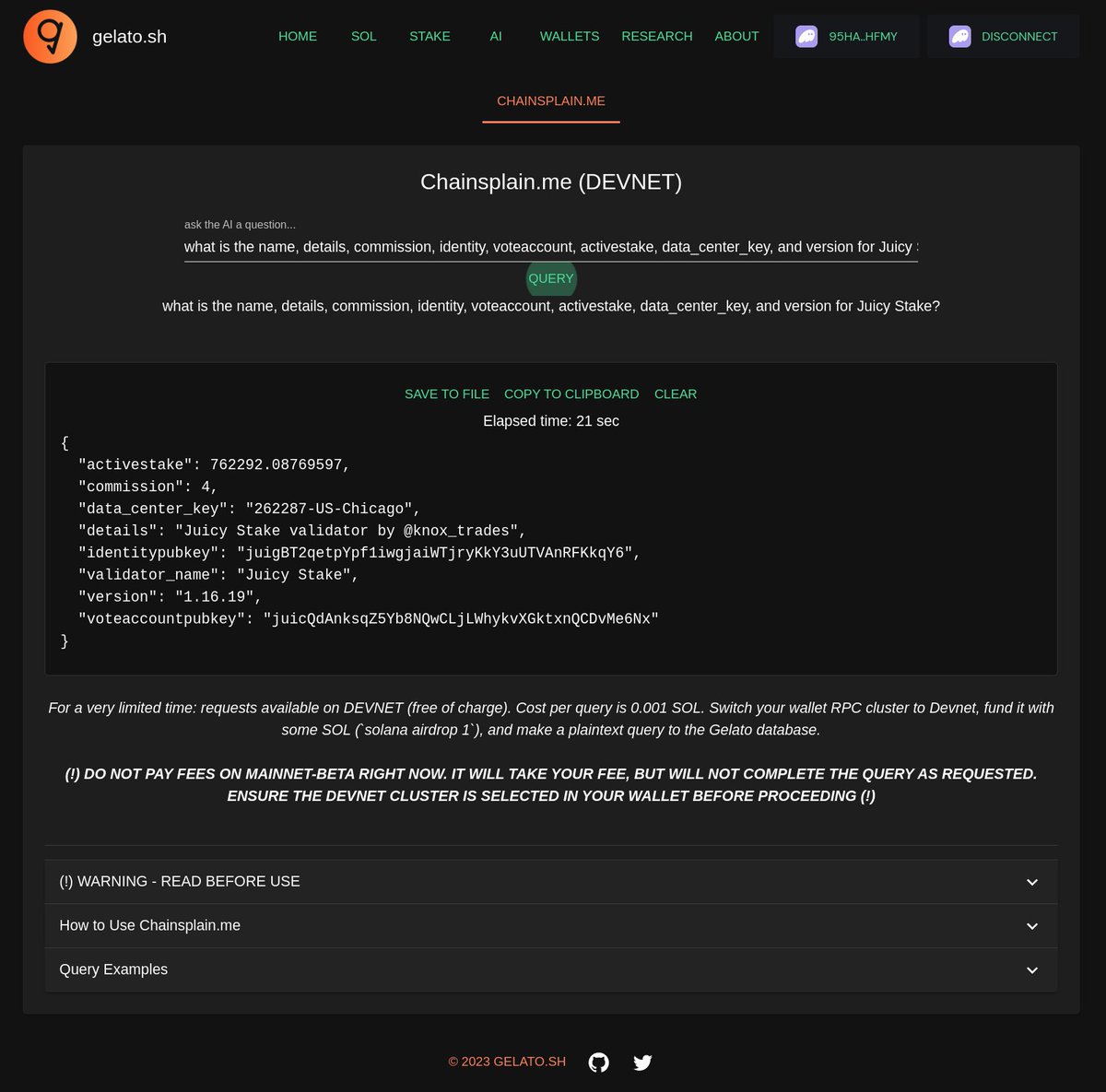 chainsplain.me (formerly stakeGPT) is available on devnet. Sparse-to-no-documentation yet. I will eat the first $50 in API credits, we'll see what breaks. Please try it out--WITH A TEST WALLET, PLEASE!

Docs, data, and much-needed label refresh in the coming days. thx