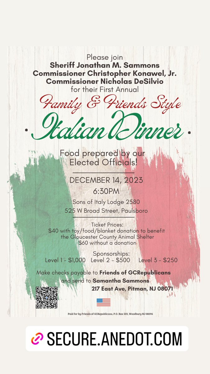 Sheriff Sammons, Commissioner Konawel & Commissioner DeSilvio invite you to their Family-Style Italian Dinner! __________________________________________ 🗓️ Dec 14, 2023 ⏰ 6:30 PM 📍 525 W Broad St, Paulsboro 🎟️ secure.anedot.com/friendsofgcrep…