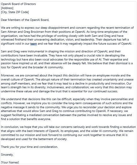 ModDadSurvival's tweet photo. Here is an AI generated letter to the #OpenAI board about #SamAltman and #GregBrockman firing.  Took about 10 seconds. Well done AI!

No wonder things move so quick over there! https://t.co/yS9Ob7XIwy