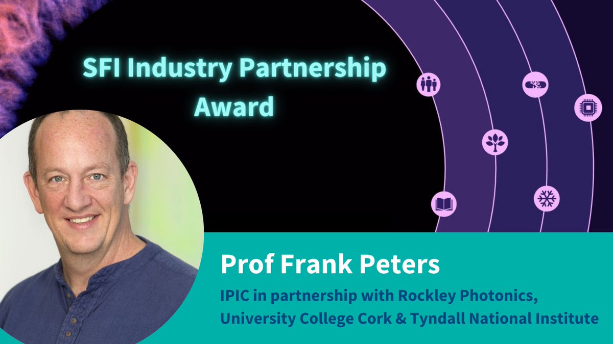 SFI Industry Partnership Award 2023 goes to Prof Frank Peters, @IPICIreland in partnership with @RockleyPhotonic, @UCC & @TyndallInstitut. Prof Frank Peters has over 30 years’ experience in photonic research, including 12 years in industry, filing more than 80 patents.