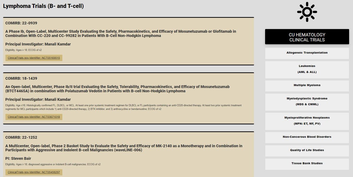 CULymphoma's tweet image. Our @CUHematology website features all of our open B- and T-cell lymphoma and cellular therapy clinical trials, by Drs. @mana1981, @BradHaverkos, @StevenBairMD and @majorajay. #lymsm #clinicaltrials medschool.cuanschutz.edu/hematology/all…