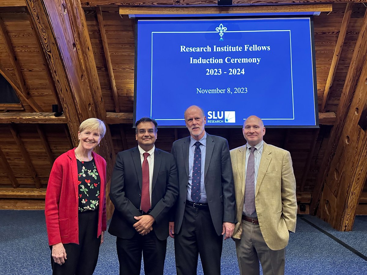 jain_labgroup's tweet photo. Honored to be named one of the two, 'SLU Research Institute Fellows' from SOM. Picture [Dr. Jacobs (Dean), Ajay Jain, Dr. Tetri, Dr. White (Chair, Pediatrics)]. Fellows are chosen for scholarly accomplishments at the highest level of their fields. Thanks for supporting our work! https://t.co/pr3fnKMNnL
