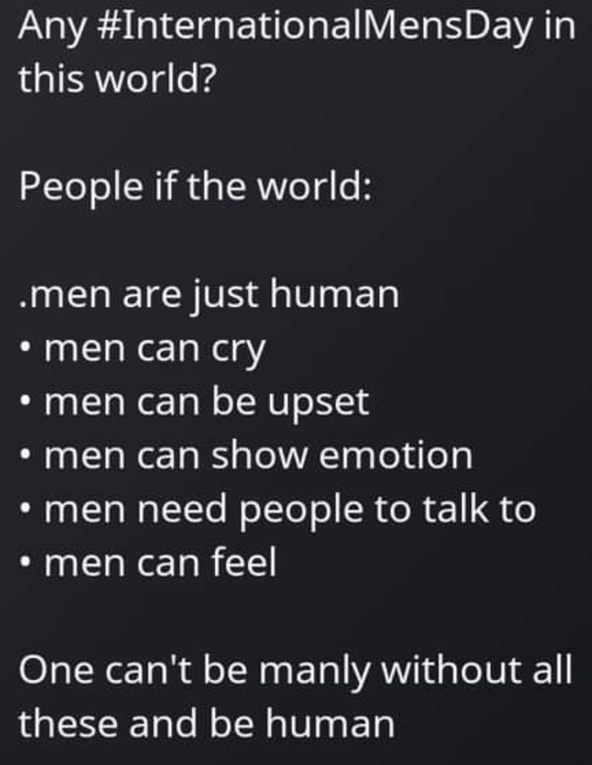 Mafiakadushman's tweet photo. Wonder, if there is any men's day in this world? All days so far I have noticed cost men money for others lolol?
#SavetheMen #MenInternationalday https://t.co/Q8h5RDoM3u