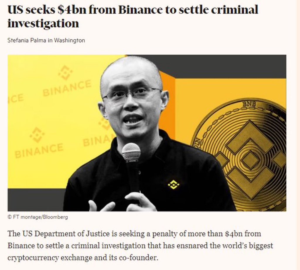 WhaleCoinEN's tweet photo. #BREAKING: The Department of Justice is seeking a $4 billion (4,000,000,000 USD) settlement from Binance.

#Binance 4 billion #Bloomberg #blockchain 4,000,000,000 USD https://t.co/krTGVYEYSD