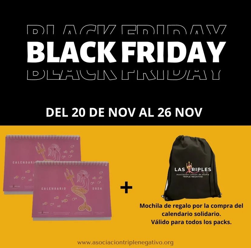 Sólo durante esta semana, sí compras  cualquier pack de calendarios te llevas una mochila como la de la foto gratis. Válido del 20 al 26 de noviembre. asociaciontriplenegativo.org/tienda/calenda…