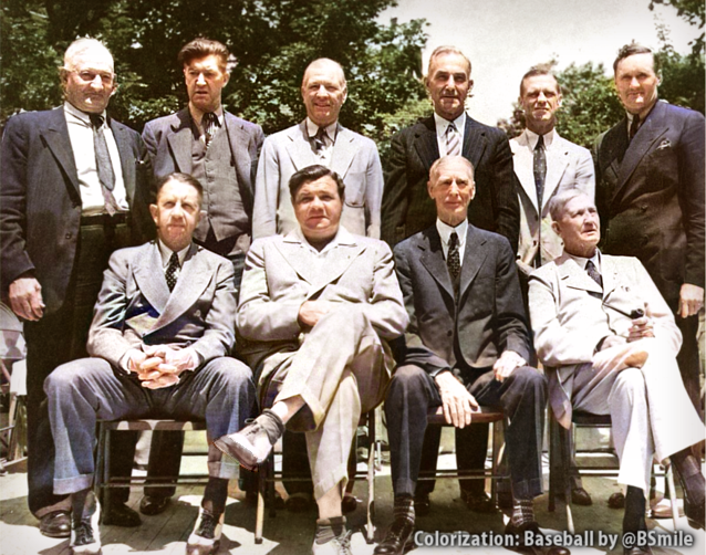 Legendary players pose at the new Baseball Hall of Fame in Cooperstown, NY in 1939 (seated) Eddie Collins, Babe Ruth, Connie Mack &amp; Cy Young (standing) Honus Wagner, Grover Cleveland Alexander, Tris Speaker, Nap Lajoie, George Sisler &amp; Walter Johnson #HOF #MLB #Baseball #History