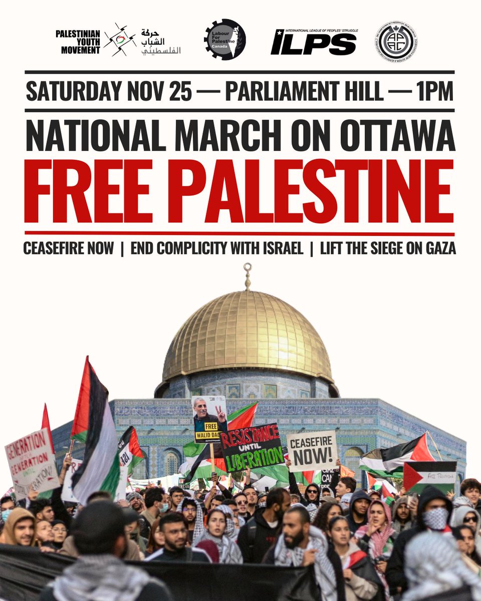 Buses are available for the historic march on Ottawa on November 25th! Round-trip tickets from Mississauga, Toronto, and Montreal are available on our website: palestinianyouthmovement.com/national-march…