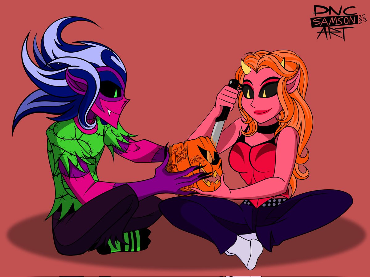 DNCSamsonART's tweet photo. Halloween isn't over for me until December comes; that's the rule we live between zombies and demons. Here is Samson and Charlotte carving a small pumpkin with the gang's scratched name in it.
#MalevolentSamson #Charlotte #DevombeezBandOfTheLivingDead #Devombeez #OC #Halloween https://t.co/dCtTnDgZXK