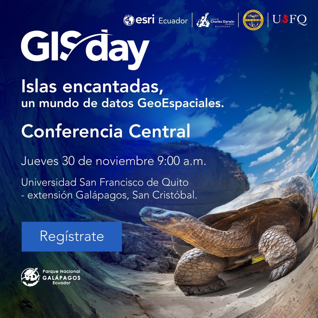 Descubra cómo la tecnología de Sistemas de Información Geográfica (SIG) apoya a la conservación y protección de las Islas Galápagos, en la conferencia "Islas encantadas, un mundo de datos GeoEspaciales".

Fecha: 30 de noviembre
Hora: 9:00 AM a 12:30 PM
Lugar: USFQ, San Cristóbal