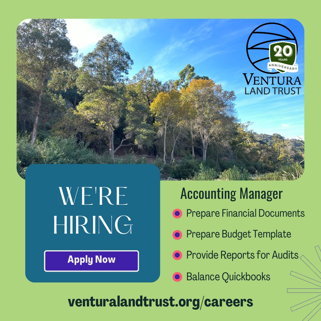 Ventura Land Trust is hiring an Accounting Manager! Join our team of conservation-focused professionals. This position includes preparing financial documents, providing information for the yearly audit, and balancing and managing Quickbooks. Visit venturalandtrust.org/accounting_man… to apply
