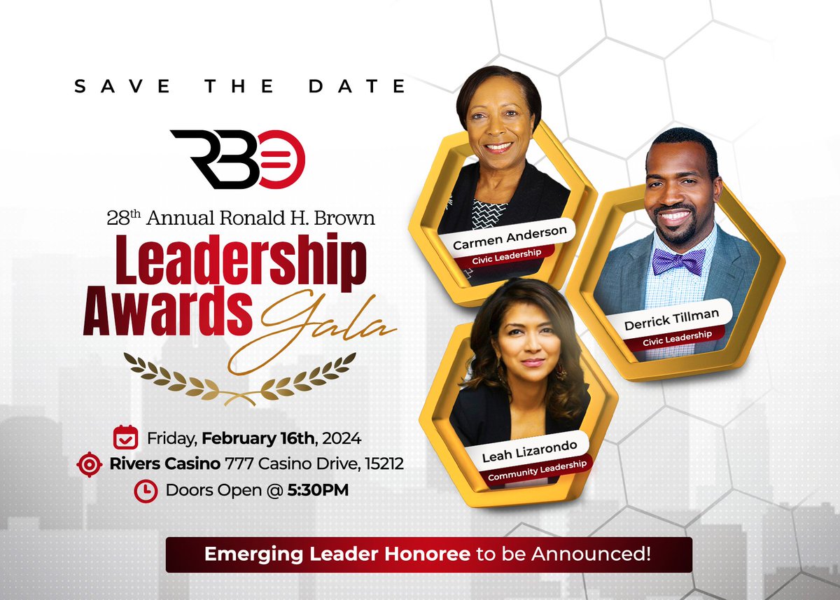 The Urban League of Greater Pittsburgh will  host the 28th Annual Ronald H. Brown Leadership Awards Gala on Friday, February 16, 2024 Rivers Casino. Please Save the Date &amp; Spread the Word! We hope you will join us.