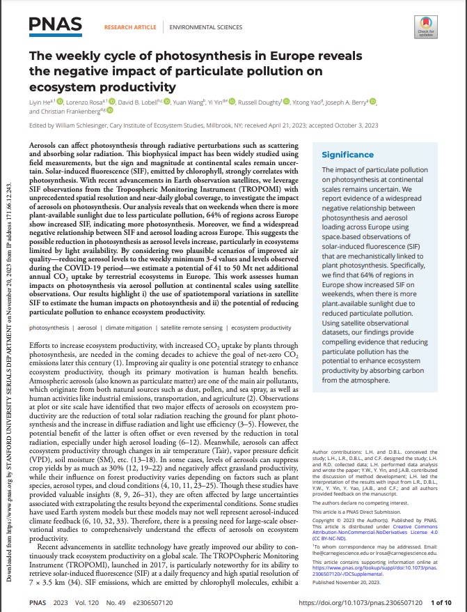 he_liyin's tweet photo. Happy to share our recent paper, which reveals a weekly cycle in photosynthesis driven by air pollution. Our results suggests mitigating particulate pollution could enhance ecosystem productivity. Check https://t.co/4nFLcXfu7S https://t.co/JPhe831HUl