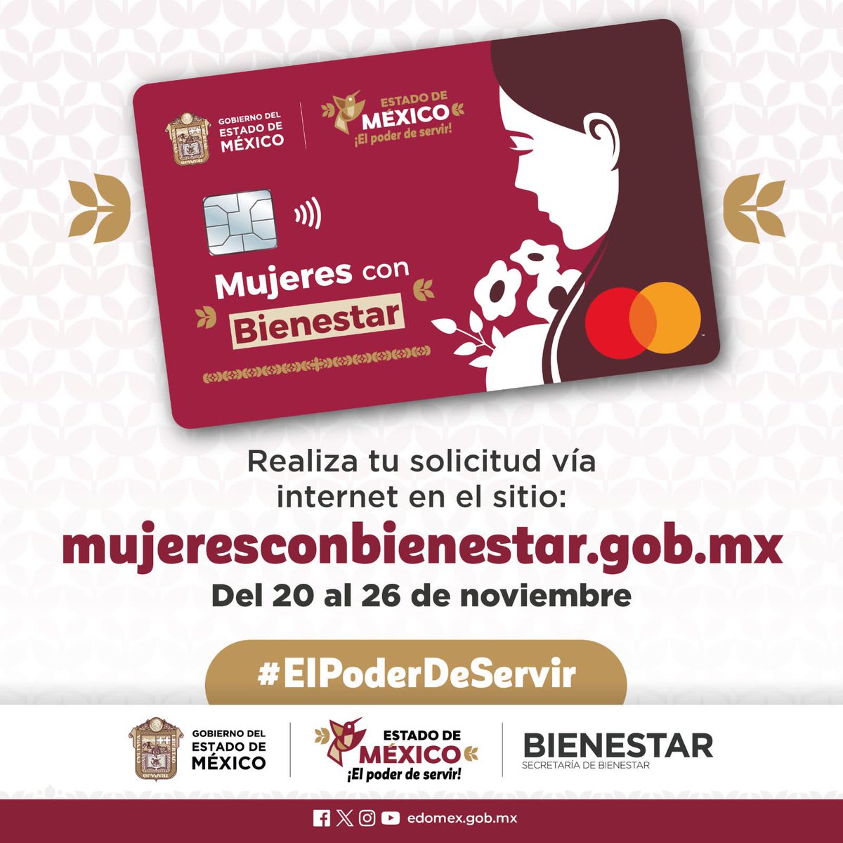 Si eres mujer, tienes entre 18 y 64 años y vives en el #Edoméx, ¡esta es tu oportunidad! Del 20 al 26 de noviembre, puedes solicitar el apoyo económico que el <a href="/Edomex/">Gobierno del Estado de México</a> te ofrece a través del programa #MujeresConBienestar. 
<a href="/BienestarEdoMx/">Secretaría de Bienestar</a>