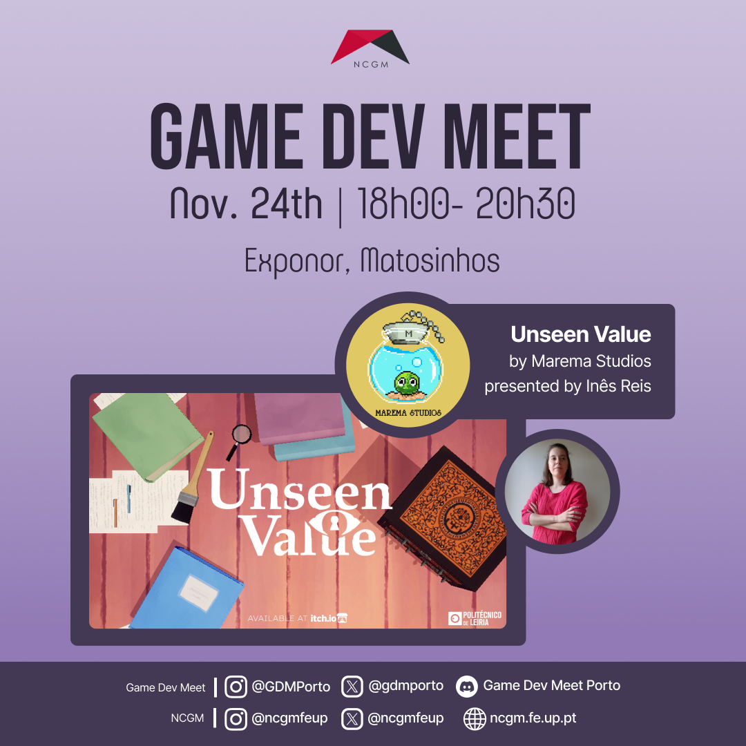 Anunciando a nossa 1ª oradora da Game Dev Meet deste mês: Inês Reis da Marema Studios que nos apresentará Unseen Value, um jogo que nos permite aprender a identificar mobiliário Lusíada e descobrir o seu valor numa leiloeira em Lisboa.

#gamedev #gamedevmeet #porto #feup #ncgm