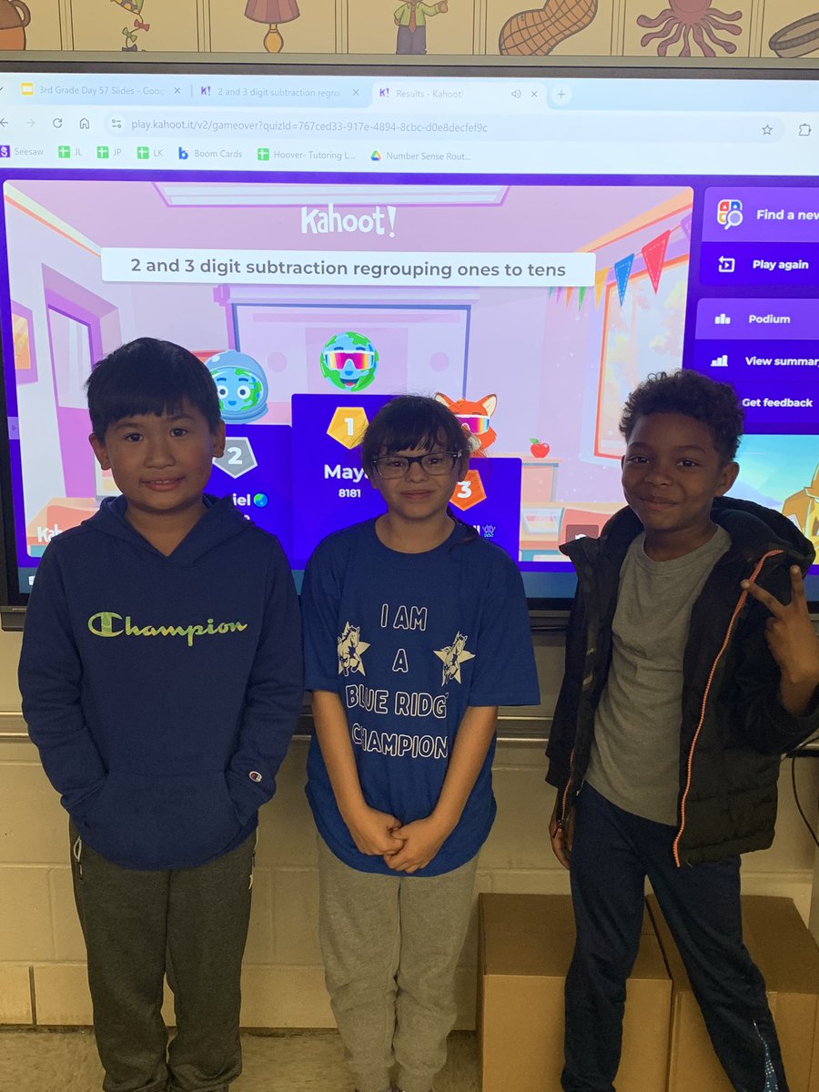 MsHooverBRE's tweet photo. We’ve been learning about different ways to subtract: counting on, expand and trade, and column. We had some extra practice using our favorite method while playing Kahoot! Check out these winners! 🤩 #WeBelieveinBRE https://t.co/PA1qi9tzN3