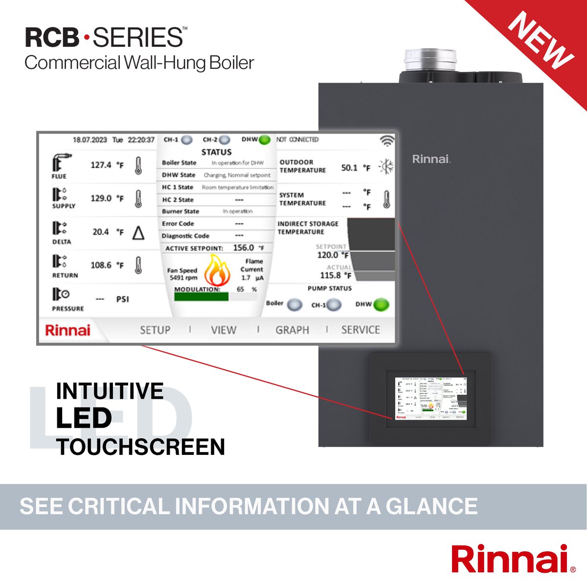 Rinnai's tweet photo. Rinnai’s RCB-Series™ commercial wall-hung boilers feature our color 7 in. LCD touchscreen control panel. Its display is color-coded, making it easy to program and monitor your boiler performance.  #mechanical | #heating | #boilers | #sustainable | #energyefficient | #Rinnai https://t.co/2izJwmizOx